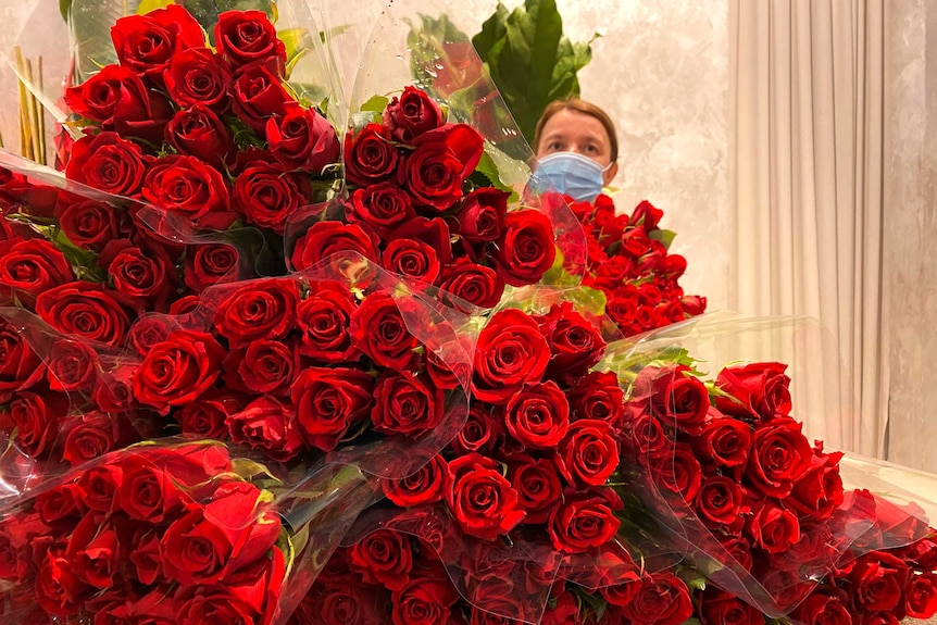 A woman is standing behind hundreds of red roses