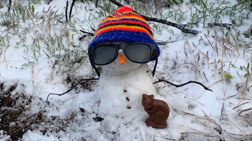 A snowman wearing a red hat on top of Bluff Knoll WA.