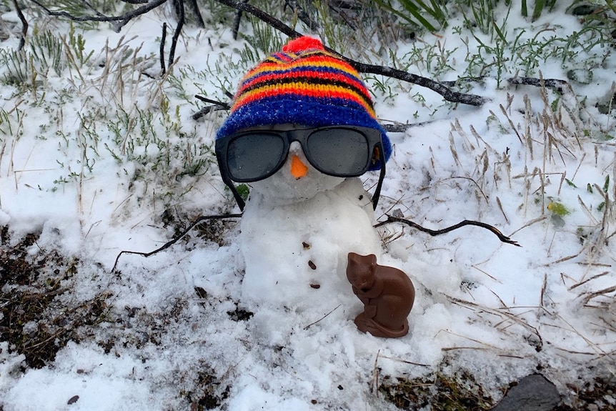 A snowman wearing a red hat on top of Bluff Knoll WA.