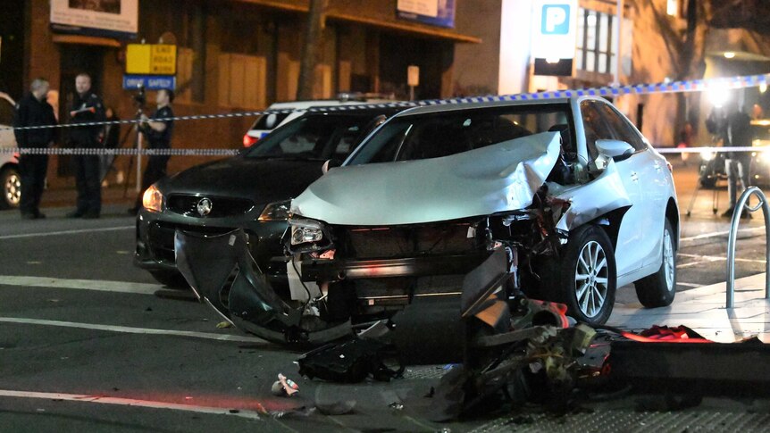 A crashed car at the scene of a hit and run in Melbourne's CBD.