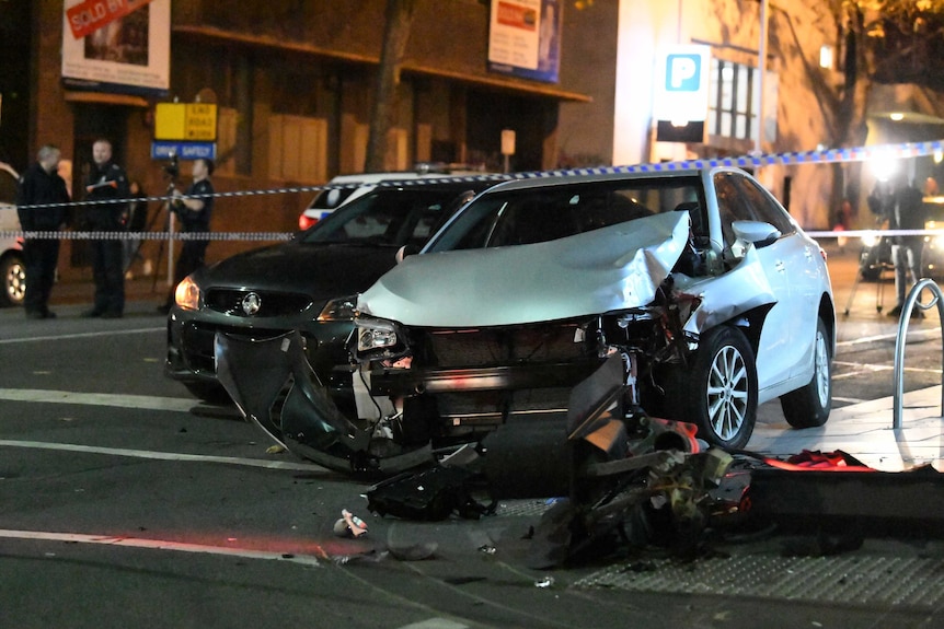 A crashed car at the scene of a hit and run in Melbourne's CBD.