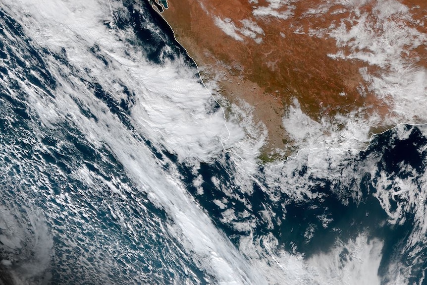 A satellite image showing a cold front approaching south-west WA.