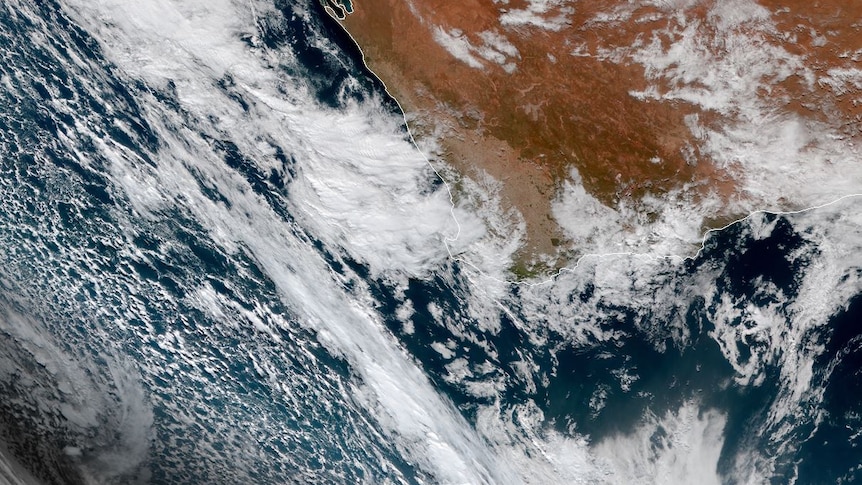A satellite image showing a cold front approaching south-west WA.