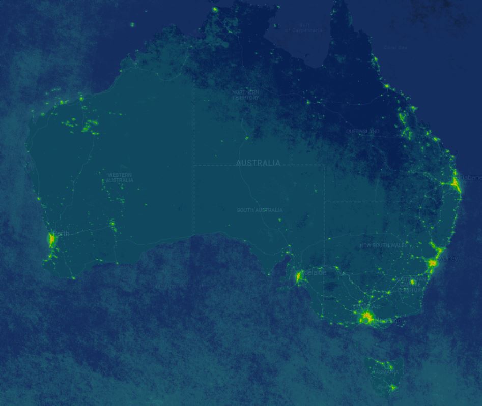 The brightest lights are in the eastern states of Australia.