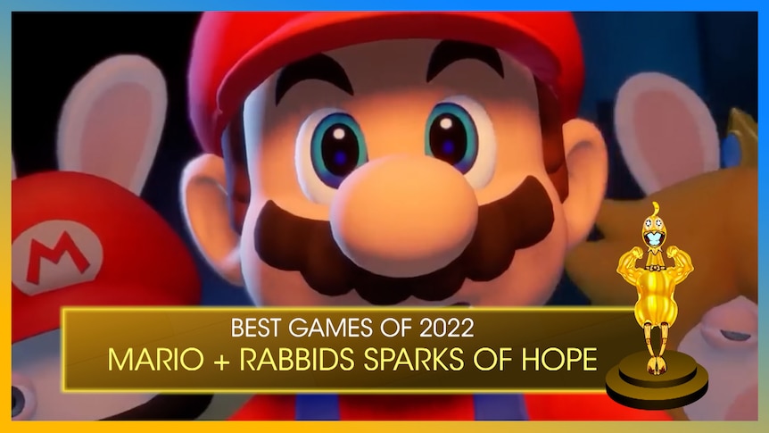 A closeup of Mario's face. With a caption in gold saying Best Games of 2022.