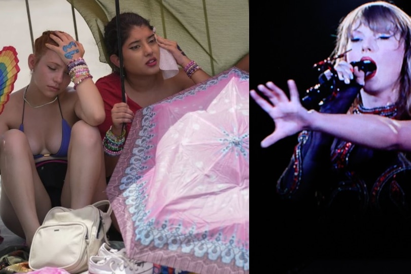 A split image showing two young heat-exhausted women and the pop star Taylor Swift performing.