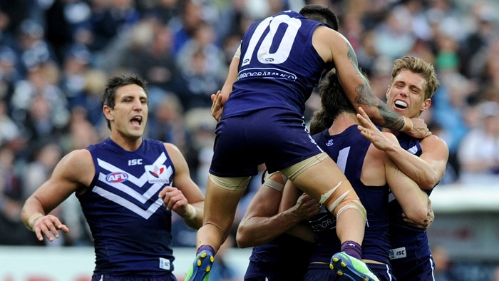 Fremantle players celebrate qualifying final win