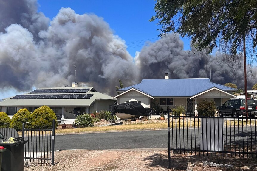 A giant smoke plume rises behind homes in Port Lincoln.