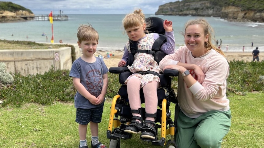 A small family at the beach, a young child is in a wheelchair