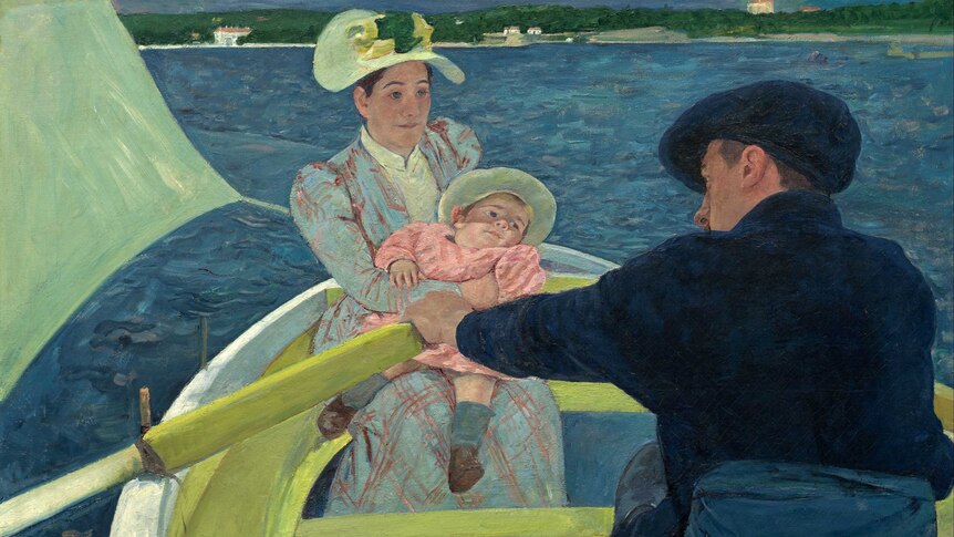 An impressionist painting by Mary Cassatt of a man rowing a boat with a woman holding a baby