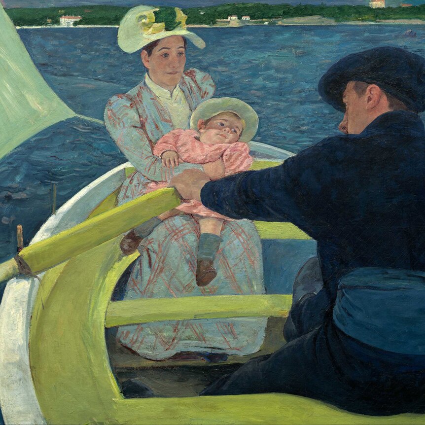 An impressionist painting by Mary Cassatt of a man rowing a boat with a woman holding a baby