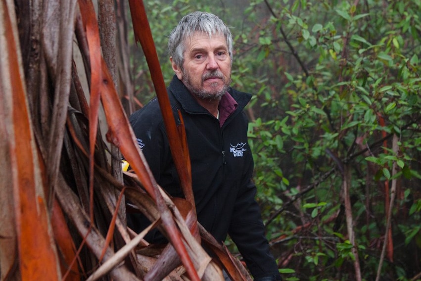 A grey-haired man with a beard stands in the trees.