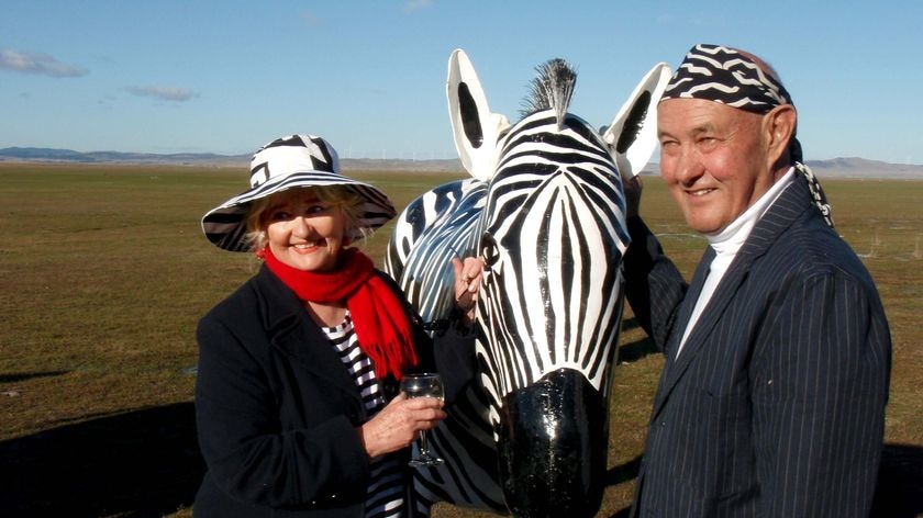 Canberra sculptor Alan Aston, right, and his wife Julie pose with one of the herd of four zebras