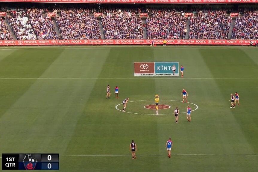 Low camera angle of the MCG during an AFL men's game between Collingwood and Melbourne