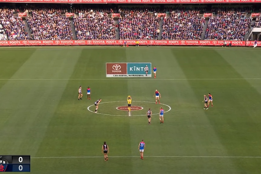 Low camera angle of the MCG during an AFL men's game between Collingwood and Melbourne