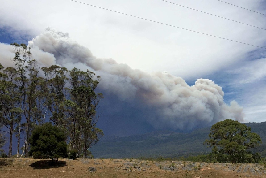 Smoke billows from bushfires on the top of a large hill in the distance.