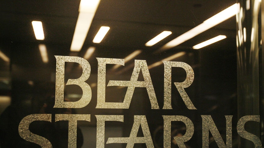 Shot of the Bear Stearns logo on the side of a building