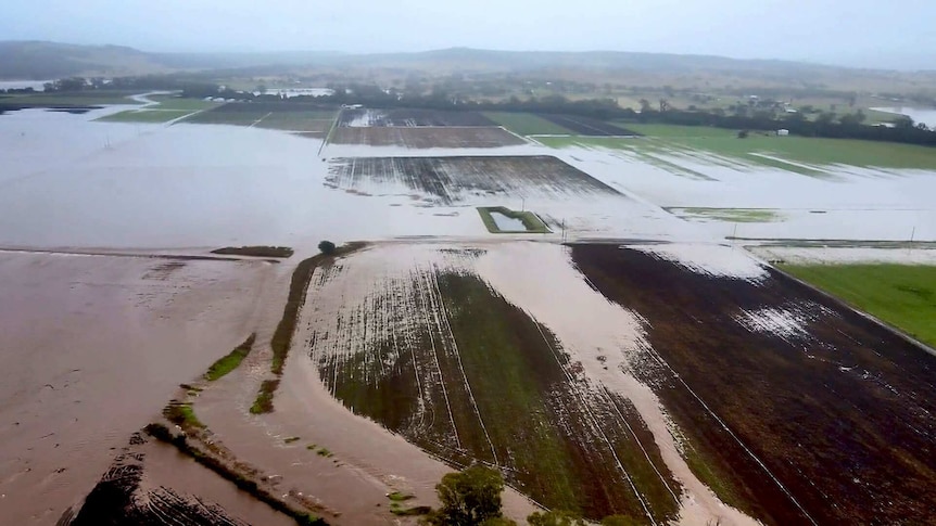 An aerial shot of flooded farming land.