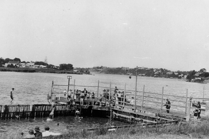 Enclosed swimming pool in the Brisbane River at Mowbray Park, East Brisbane circa 1925.