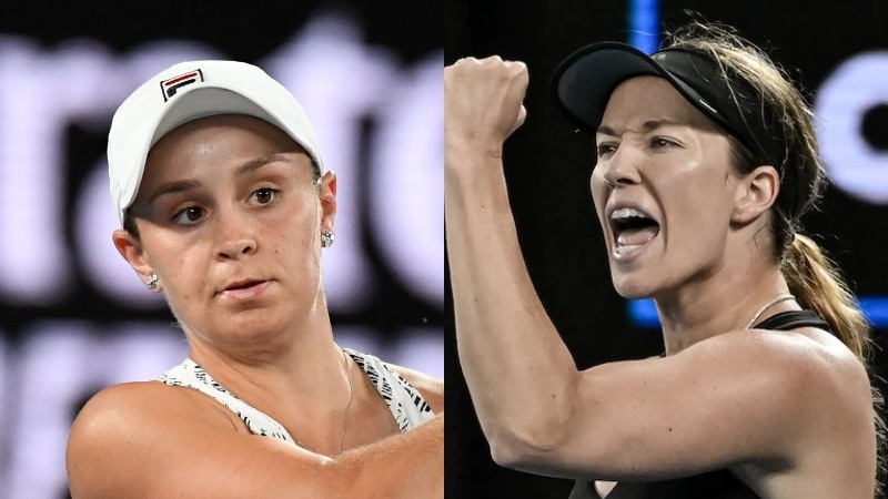 A composite image of Ash Barty concentrating and Danielle Collins celebrating.