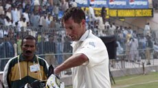 England opener Marcus Trescothick leaves the field at tea on day 2 of first Test in Multan