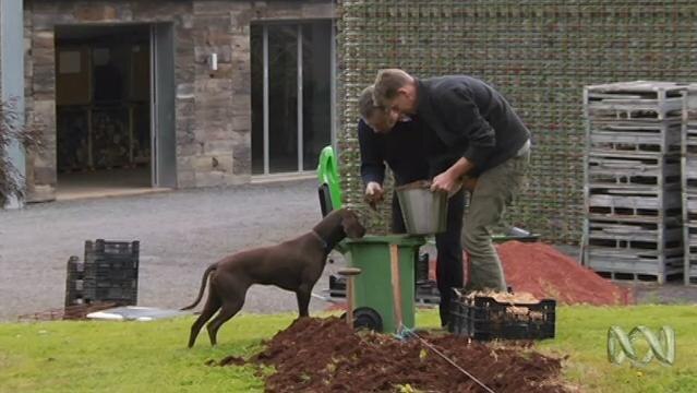 Two men and a dog stand at a small wheely bin beside a pile of dirt