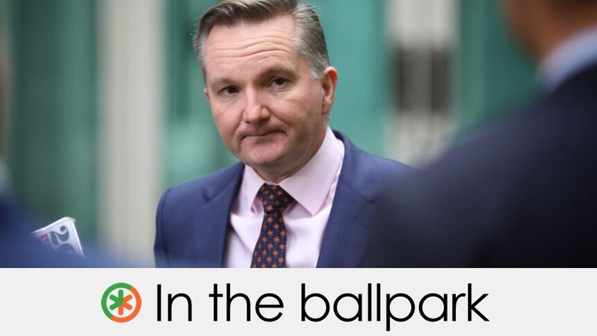 Framed by the shoulders of two men, Chris Bowen looks at one of them.