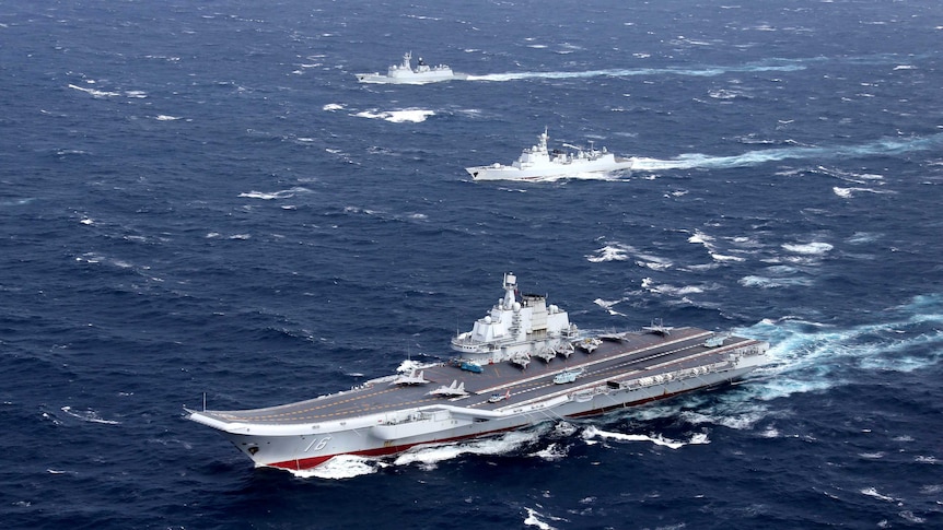 China's Liaoning aircraft carrier conducting a drill in the South China Sea.