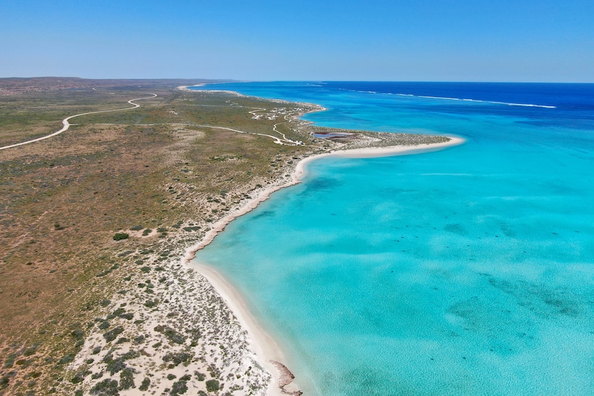 An aerial shot of a bright blue rugged coastline