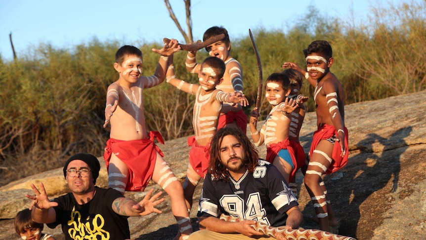 A photo of children from Njaki Njaki Aboriginal Community taking part in making a music video