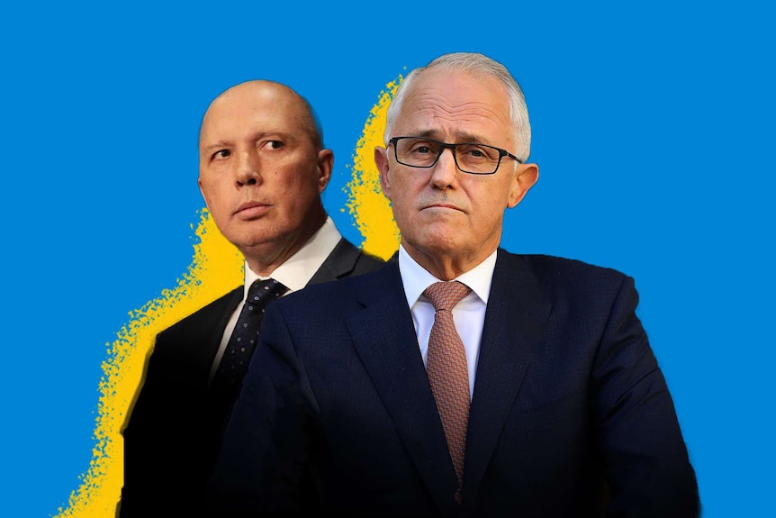 Peter Dutton stands behind Malcolm Turnbull, a famous example of a work place colleague relationship breakdown.