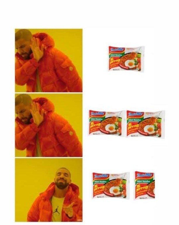 Meme showing a man next to packets of mi goreng instant noodles
