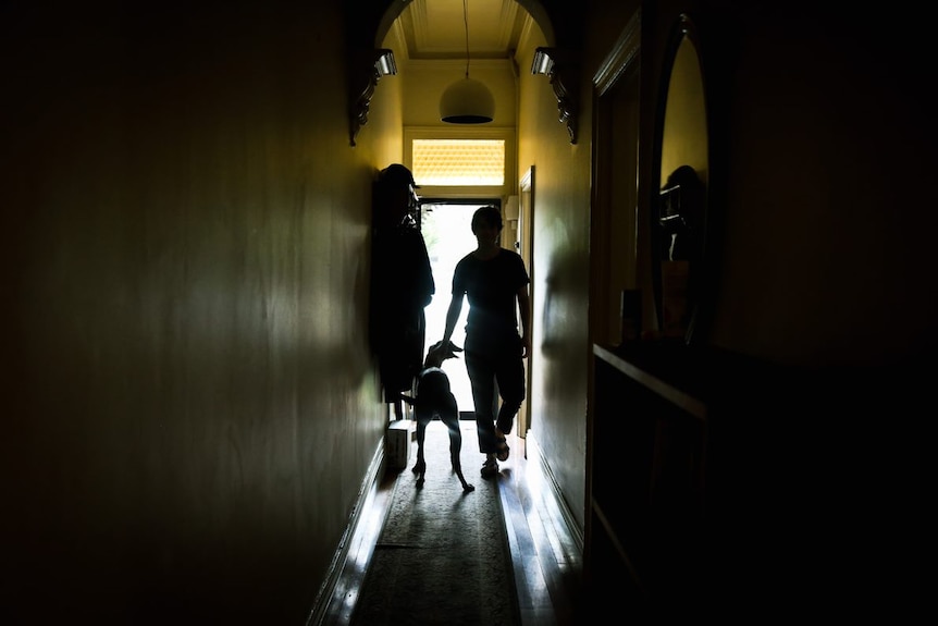 Henry and his dog's silhouette can be seen walking along his home's hallway