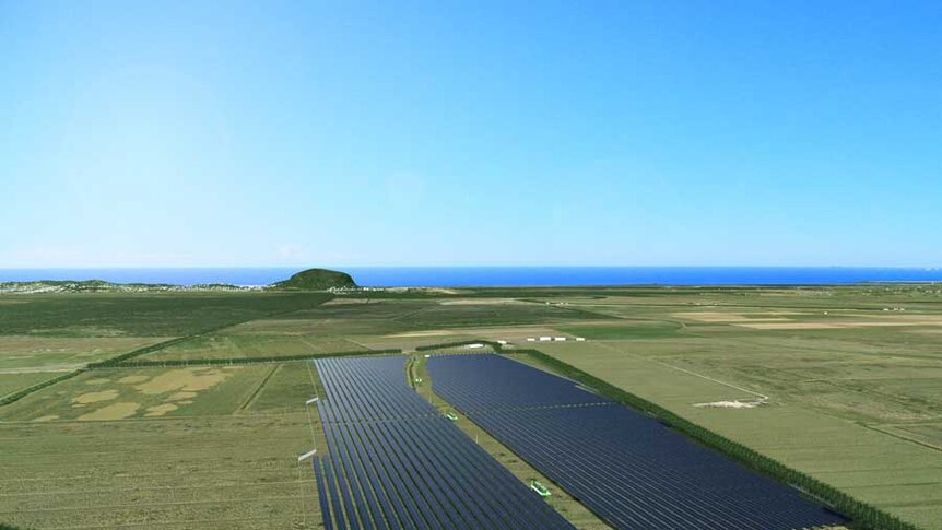 solar farm on open land with ocean in the horizon