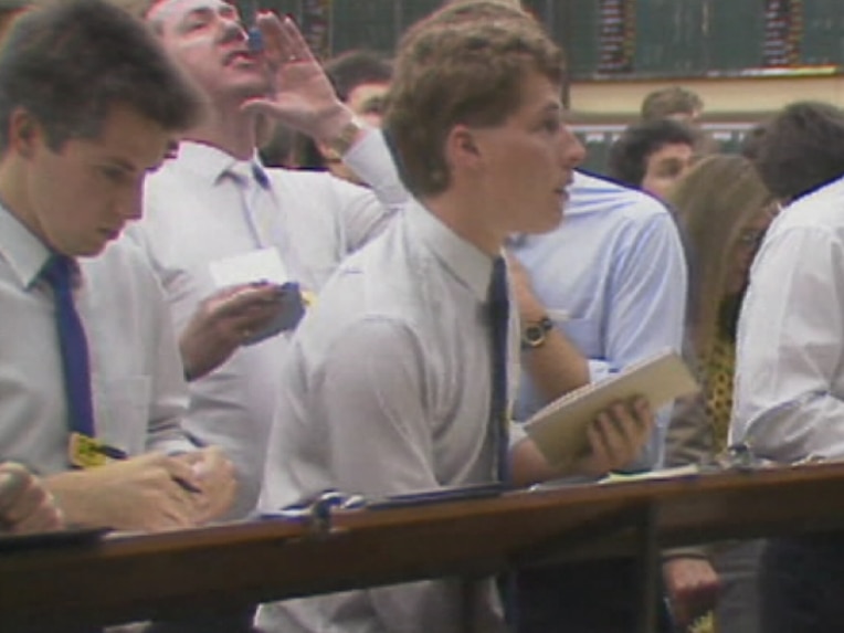 An image of the Melbourne Stock Exchange trading floor on Black Tuesday, October 19, 1987