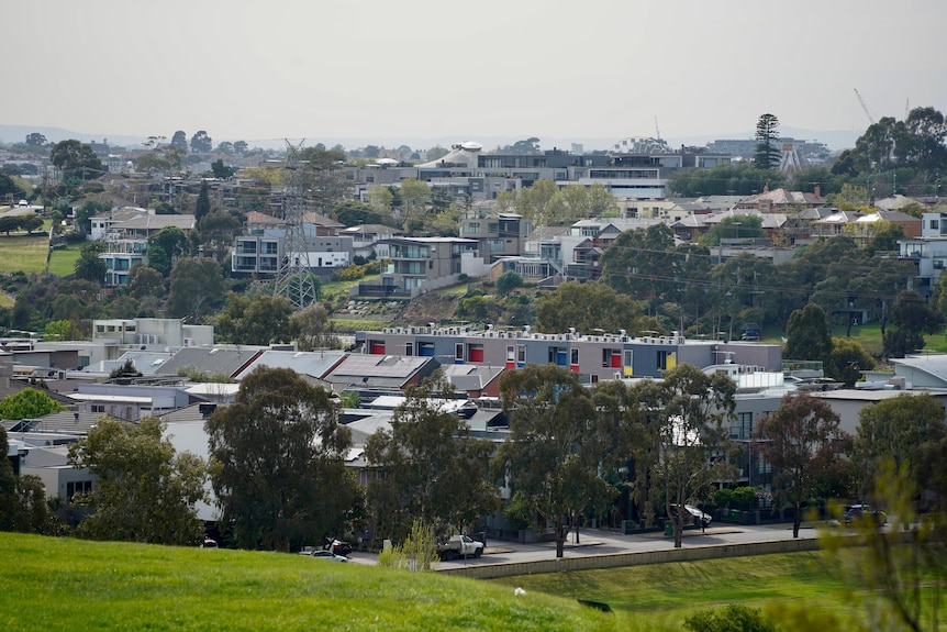 Several streets of houses and apartment buildings in a Melbourne suburb 