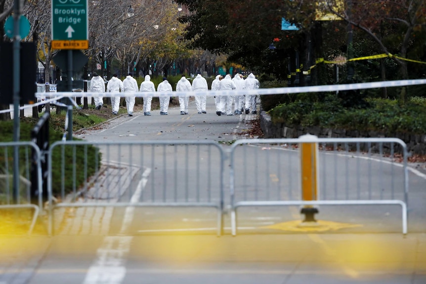 Investigators in a line walk down a street.