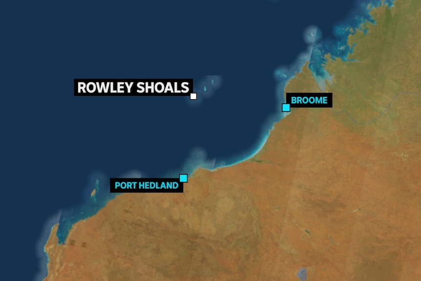 A graphic showing the location of Broome, Port Hedland and Rowley Shoals on a map.