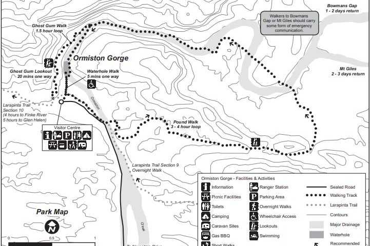 A topographic map detailing the Pound Walk trail and wider Ormiston Gorge area in the West MacDonnell Ranges