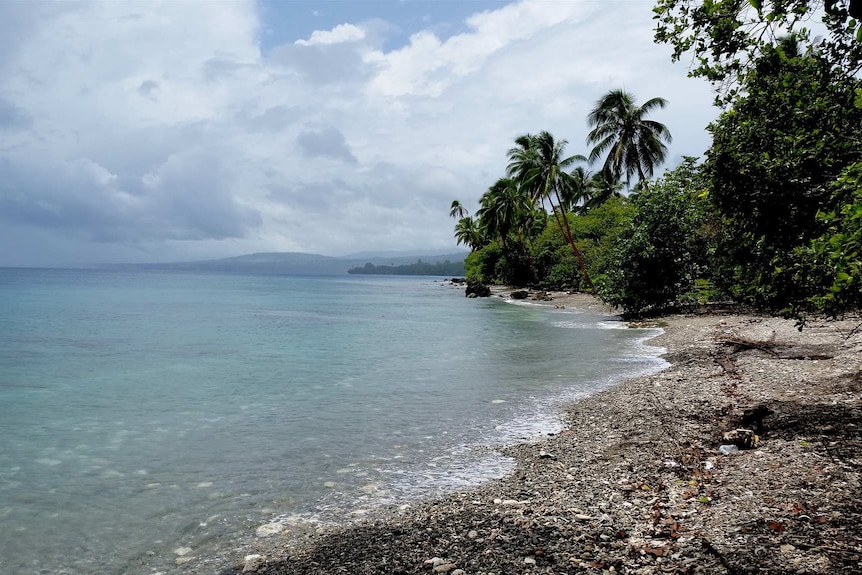 Clear blue waters and cloudy skies above the shoreline of Bonege Beach.