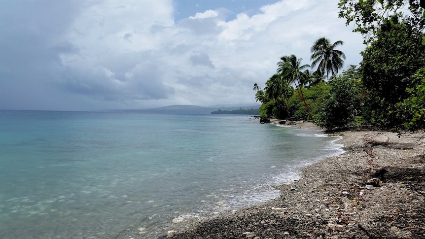 Clear blue waters and cloudy skies above the shoreline of Bonege Beach.