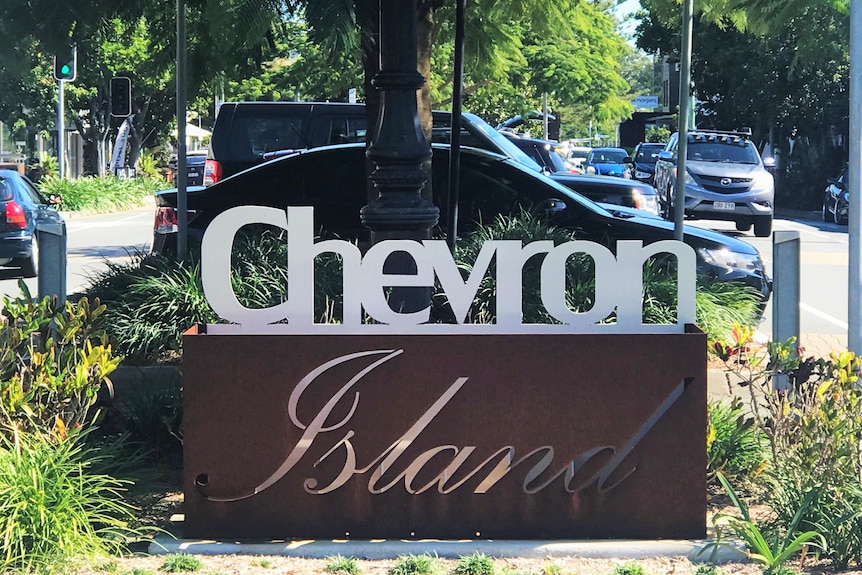 A chevron island sign among leafy bushes and shrubs