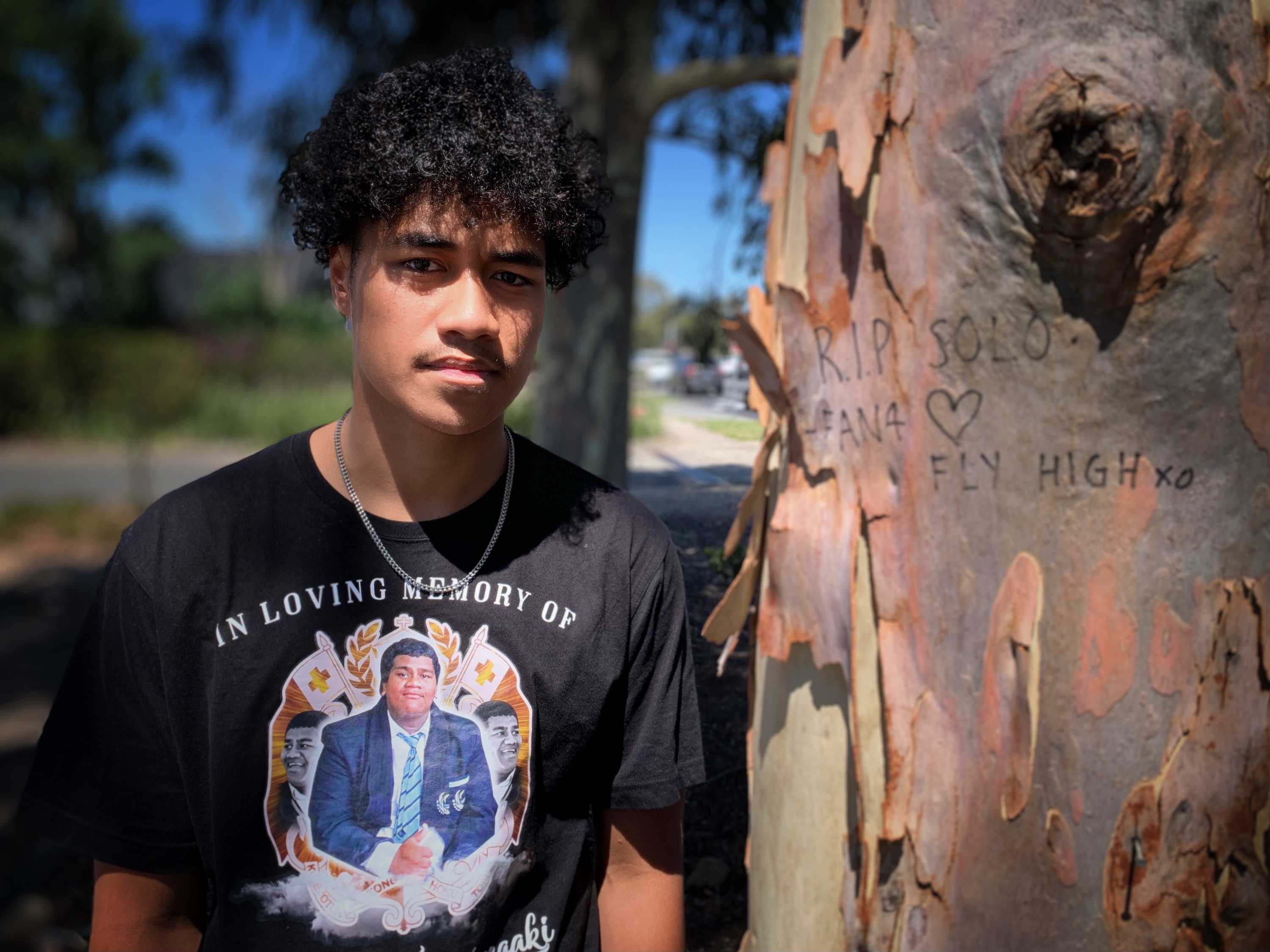 A teenage boy stands next to a tree looking into the camera on a blue sky day.