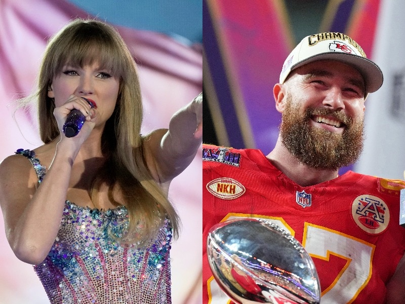 A composite image of Taylow Swift on stage and Travis Kelce in his NFL uniform.