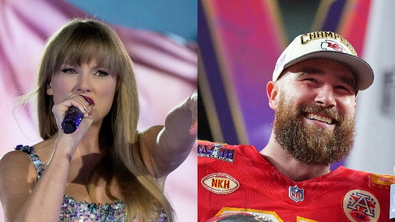 A composite image of Taylow Swift on stage and Travis Kelce in his NFL uniform.