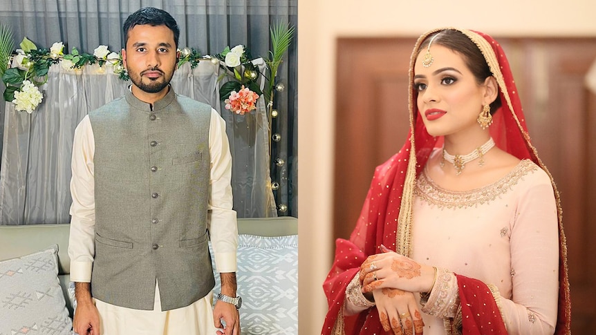Groom, Athar Ali, at his home in Brisbane, and bride, Hani Ali, in her family’s home in Karachi, Pakistan. 