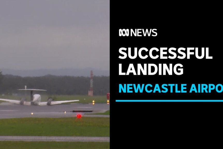 Successful Landing, Newcastle Airport: A light aircraft lying on its belly on an airport runway.