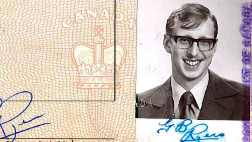 A stamp of a crown and "Canada" to the left, an olden day picture of a young man with glass on the right