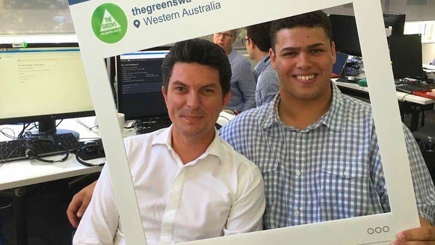 Jordon Steele-John (right), a Greens senate candidate, poses for a photo with former senator Scott Ludlam.