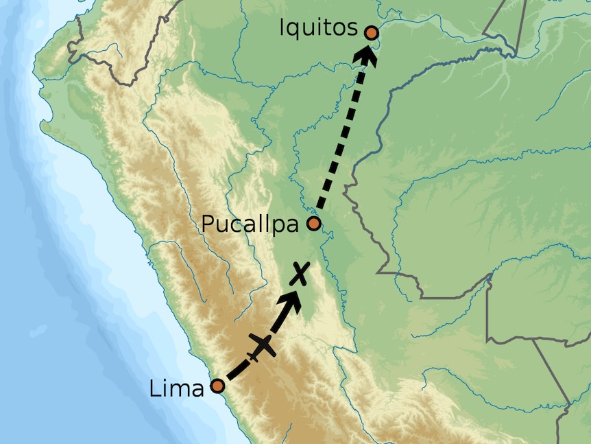A map of Peru, showing a flight path from Lima to Pucallpa. 